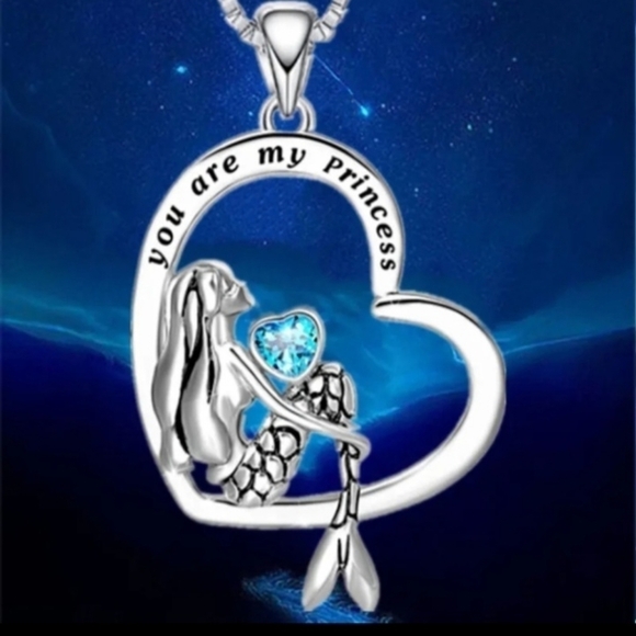 Necklace Mermaid 'you are my princess ' blue stone heart shape new - Picture 5 of 5